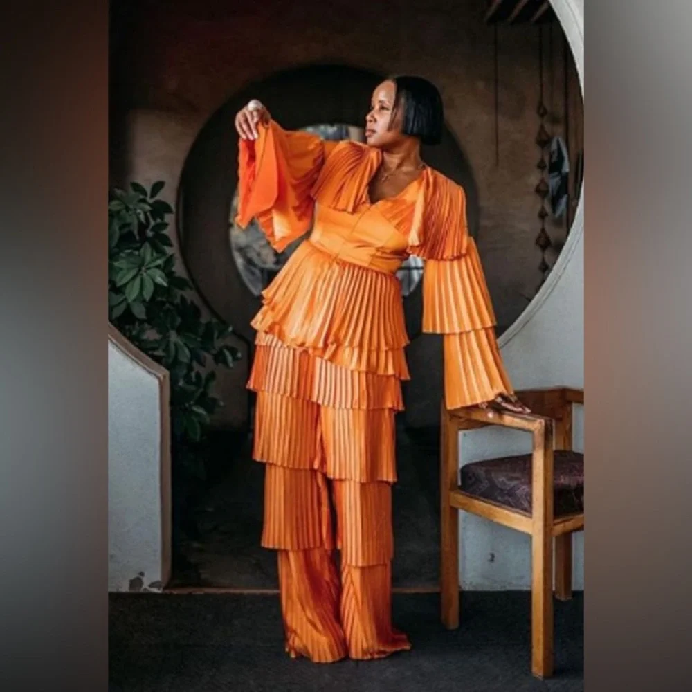Andrea Iyamah Vibrant Orange Tami Pleated Tiered Wide Leg Pants Size Medium - Picture 2 of 10